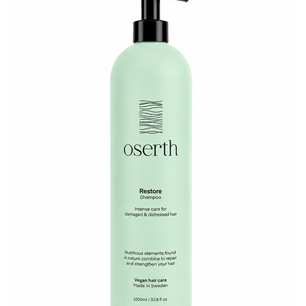شامپو Oserth Restore ، ساخت سوئد، مناسب موهای خشک، آسیب‌دیده، رنگ‌شده و دکلره. شامپوی ترمیم‌کننده، آبرسان و وگان برای موهایی نرم، سالم و درخشان