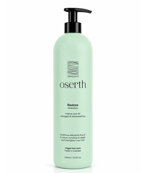 شامپو Oserth Restore ، ساخت سوئد، مناسب موهای خشک، آسیب‌دیده، رنگ‌شده و دکلره. شامپوی ترمیم‌کننده، آبرسان و وگان برای موهایی نرم، سالم و درخشان