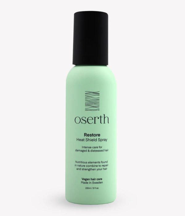 اسپری محافظ حرارت Oserth Restore Heat Shield ساخت سوئد با فرمول وگان، مناسب موهای خشک، آسیب‌دیده، رنگ‌شده و دکلره. محافظ مو در برابر حرارت سشوار و اتوی مو، ضد وز، آبرسان و افزایش‌دهنده نرمی و درخشندگی مو